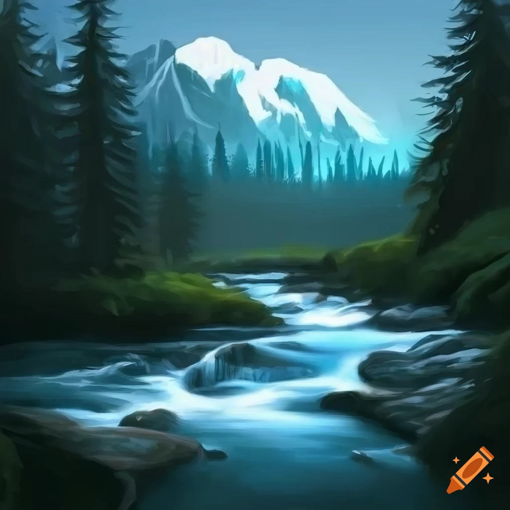 digital painting of a mountain landscape with a waterfall and a river flowing through a spruce forest