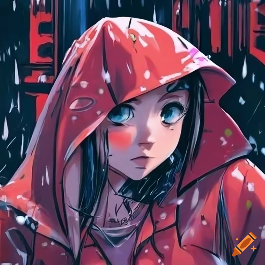 90s anime-style girl at rain-soaked train station