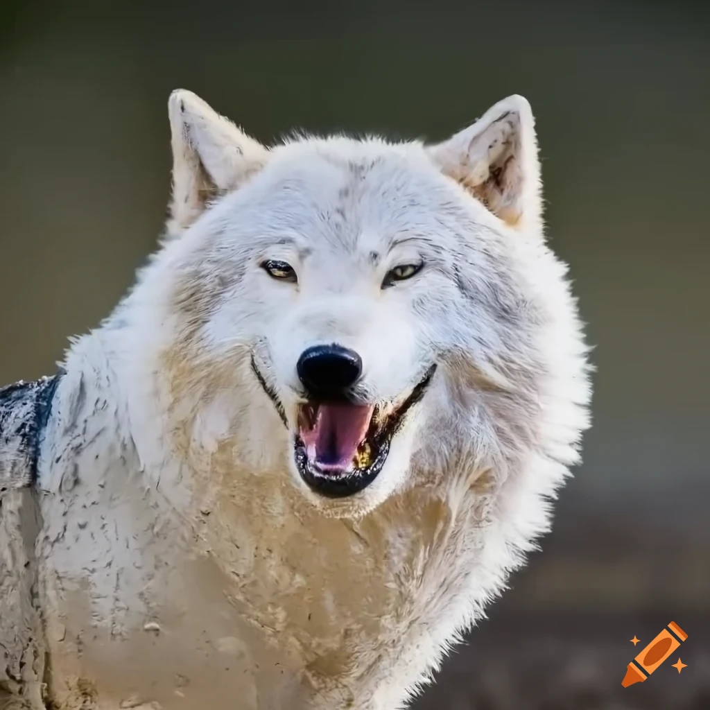 realistic artwork of a muddy white wolf with closed eyes