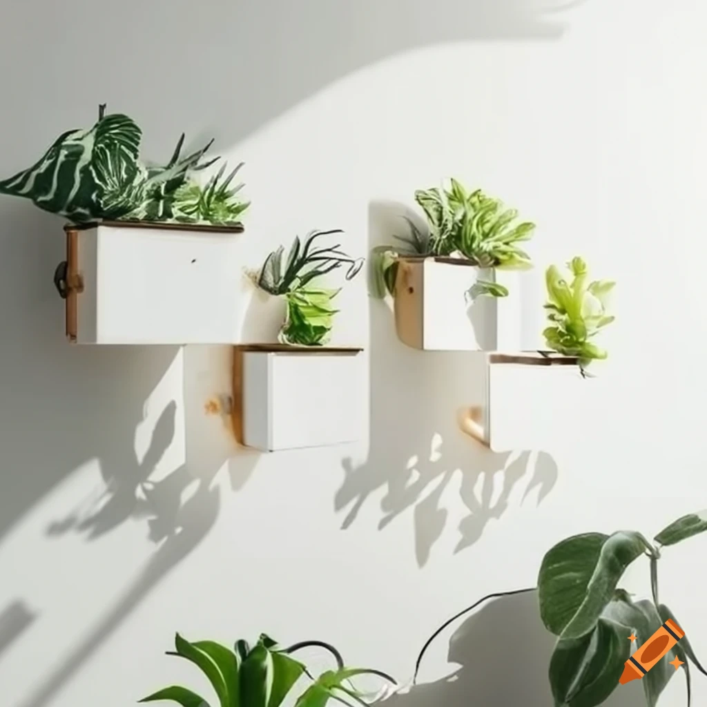 plants in wall mounted holders against a white wall