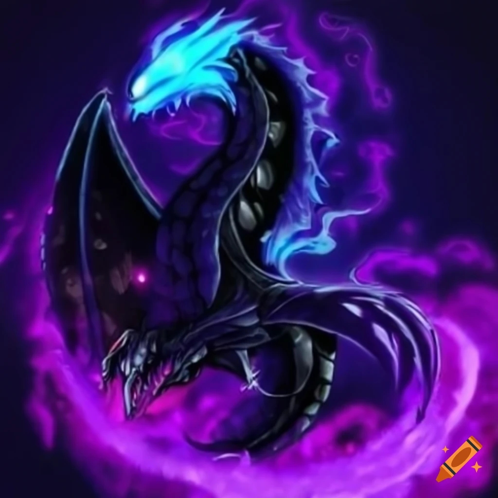 illustration of a majestic black space dragon with purple and blue fur