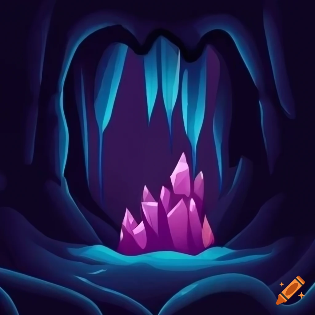 Cartoonish artwork of a glowing cave with crystals on Craiyon