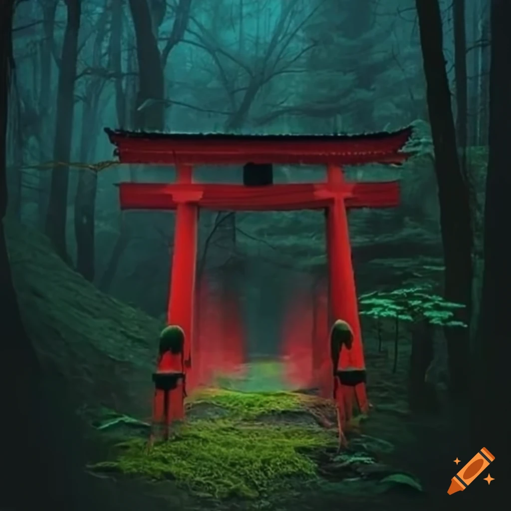 Eerie red torii gate in a dark forest with fireflies on Craiyon