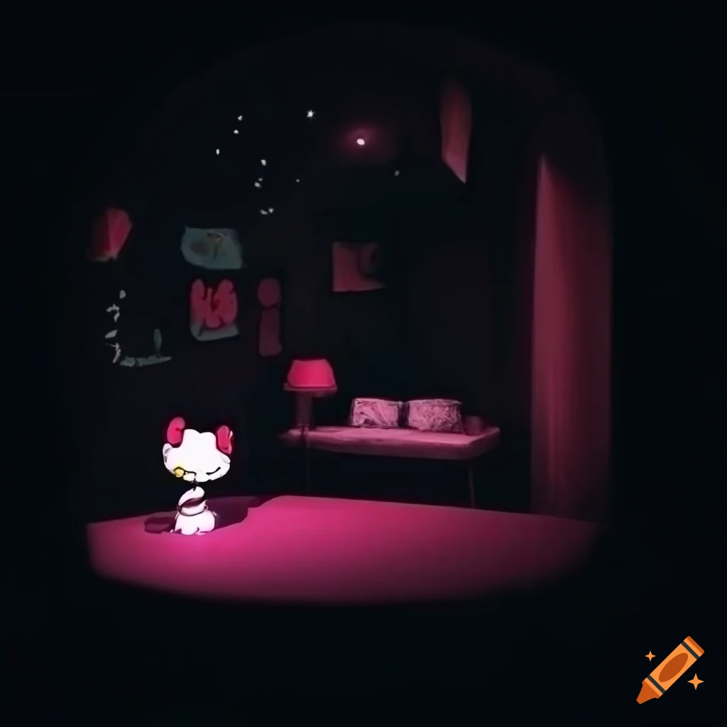 Interior of a pitch black hello kitty themed house on Craiyon