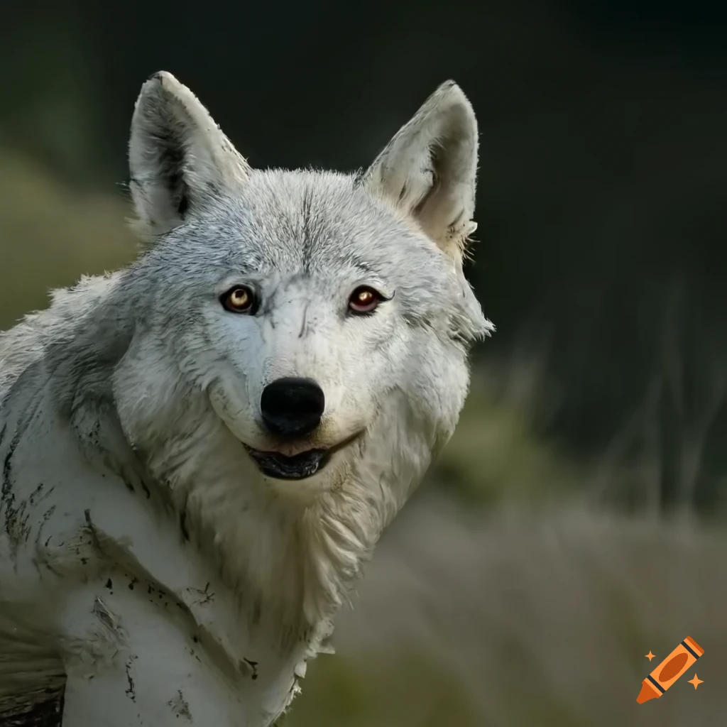 realistic depiction of a mud-covered white wolf