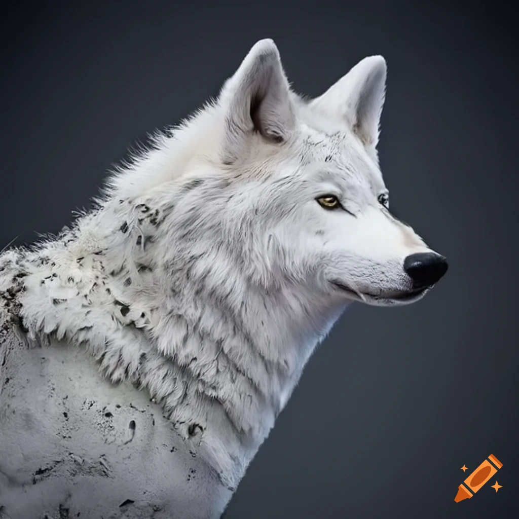 realistic photo of a mud-covered white wolf