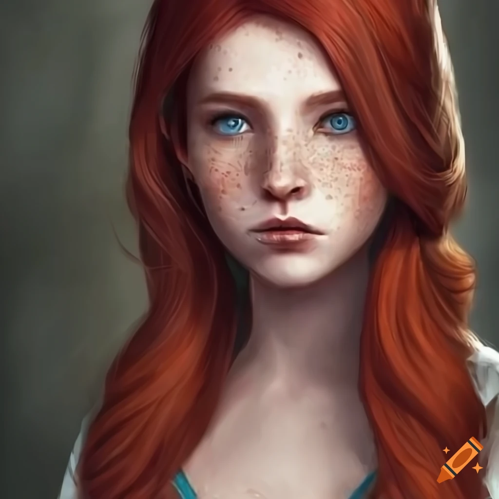 Portrait of a determined young woman with long red hair on Craiyon