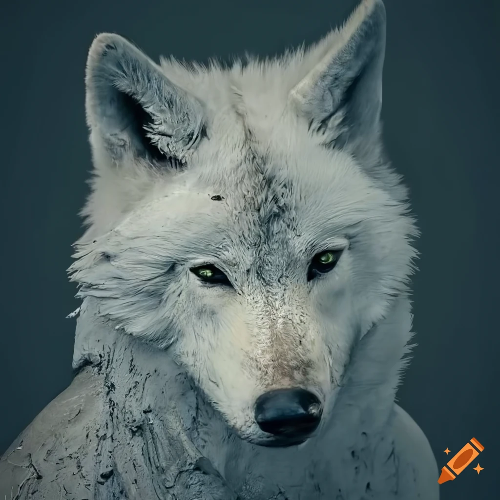 realistic portrayal of a mud-covered white wolf