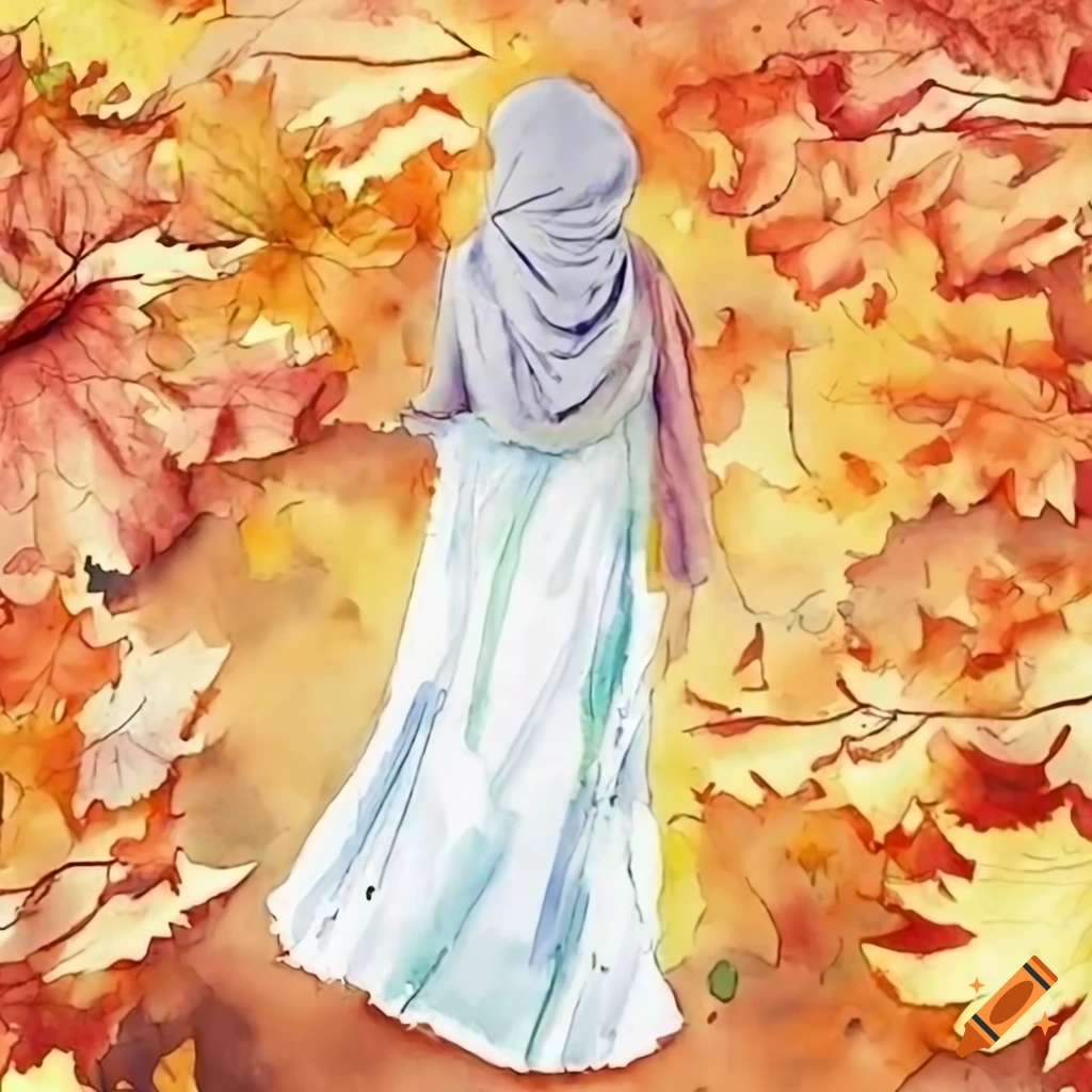 watercolor painting of a girl wearing hijab walking in autumn