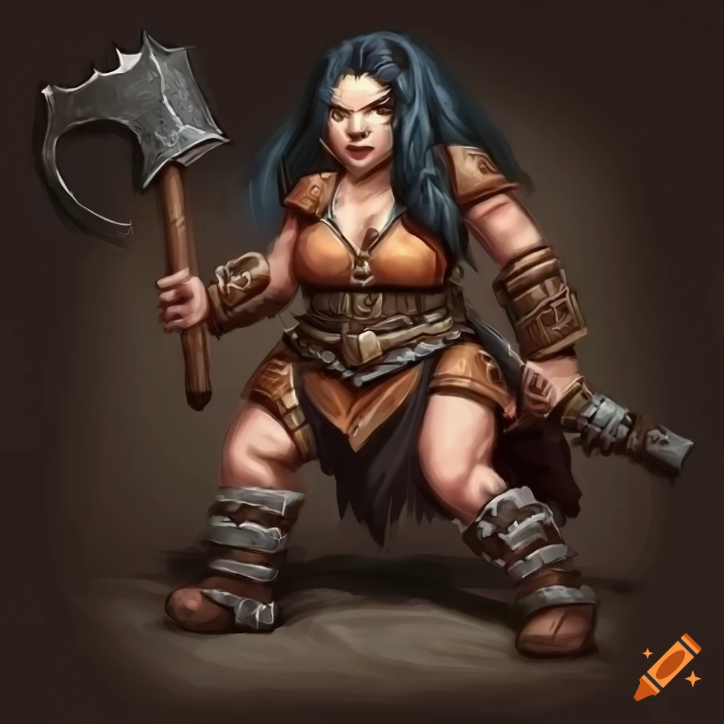 image of a fierce female Dwarf Barbarian with long dark hair
