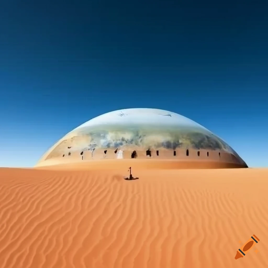 image d'une planète désertique avec un dôme atmosphérique abritant un oasis