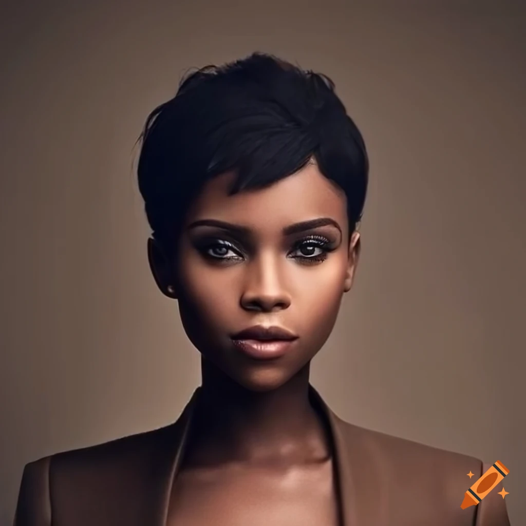 Portrait of a young black woman with a short black pixie haircut on Craiyon