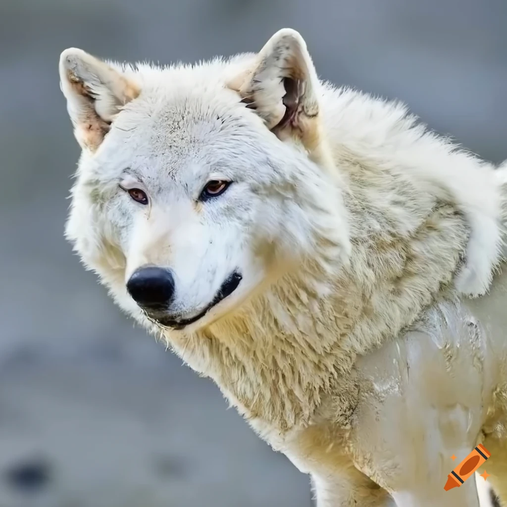 realistic artwork of a mud-covered white wolf smiling