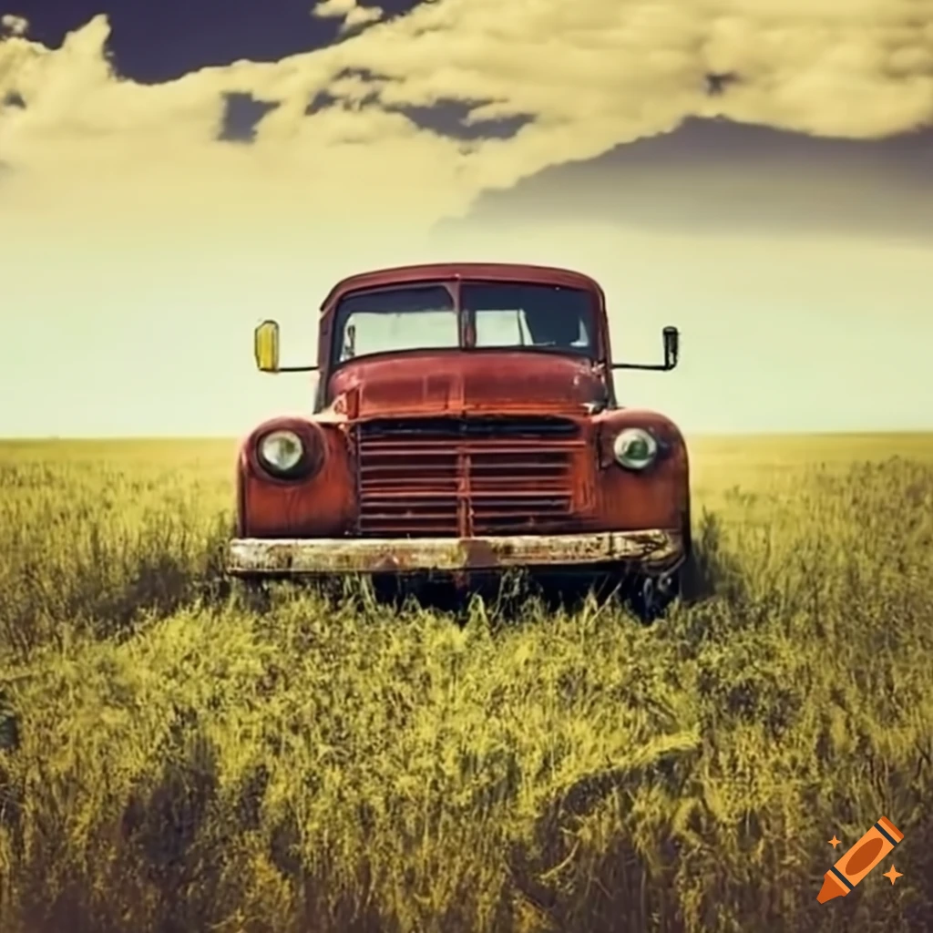 sideways view of vintage trucks in a field