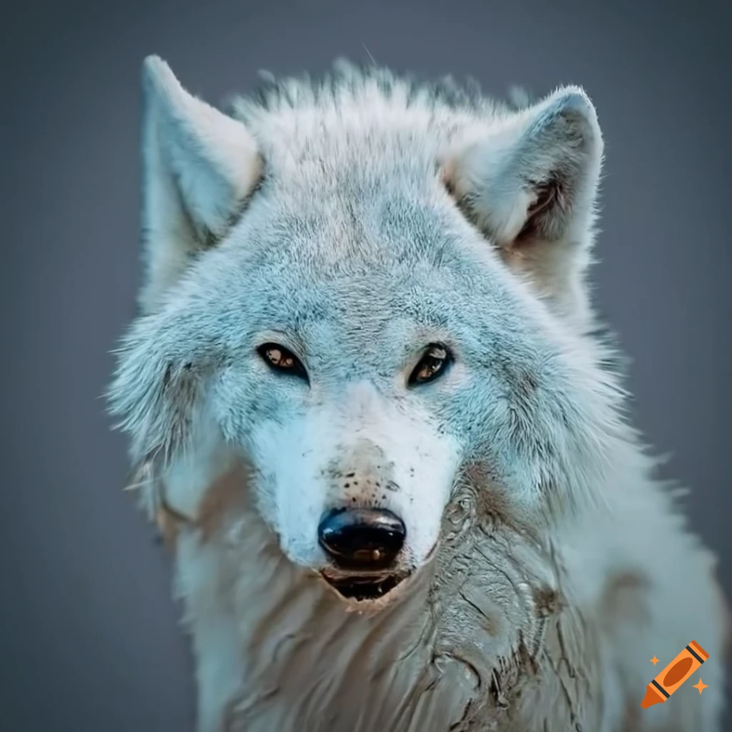 realistic photo of a muddy white wolf
