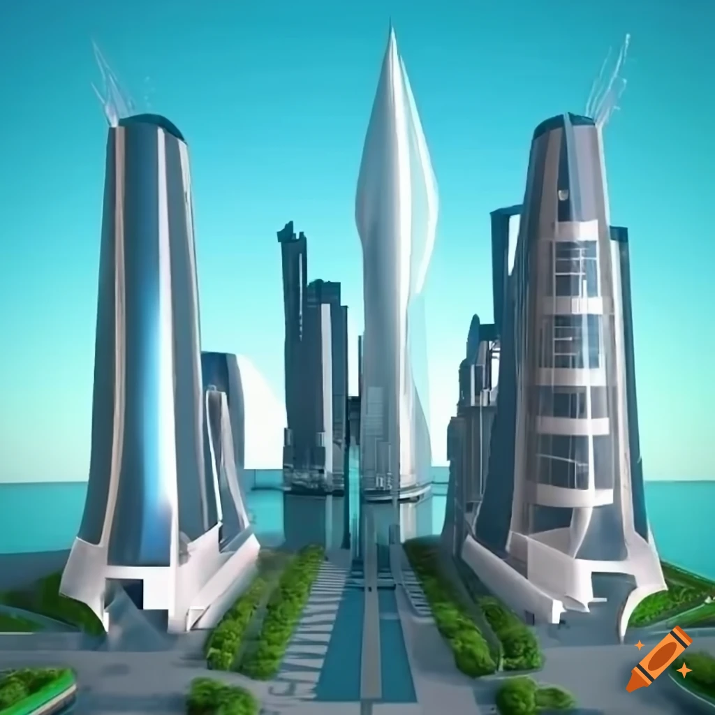 Futuristic city skyline with self-driving cars and flying vehicles on ...