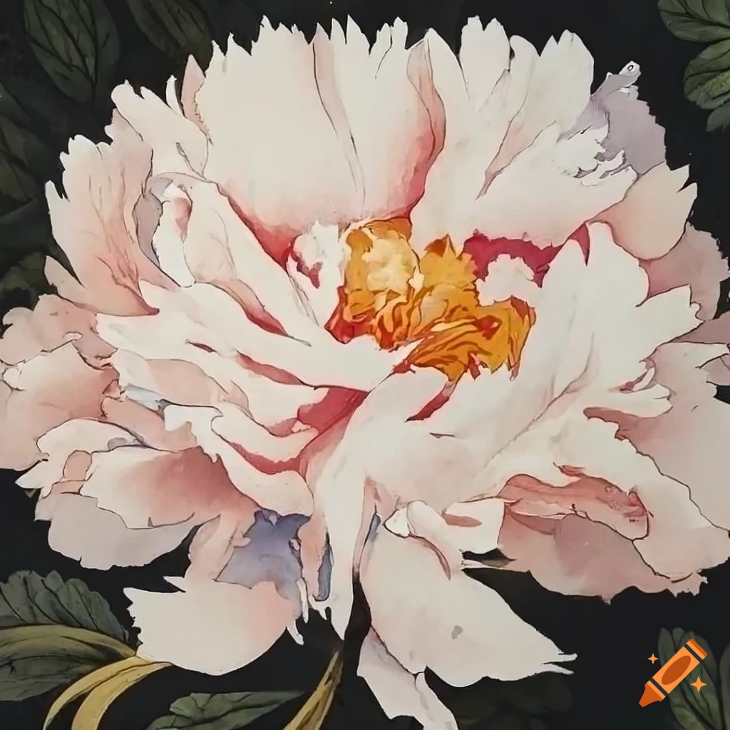 intricately detailed watercolor of a peony on a white backdrop