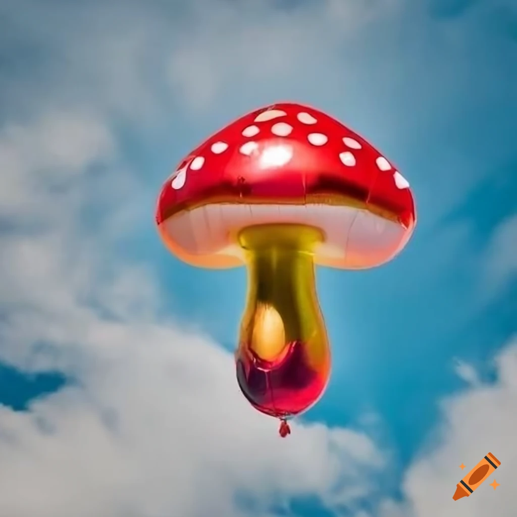 colourful mushroom-shaped foil balloon in the sky
