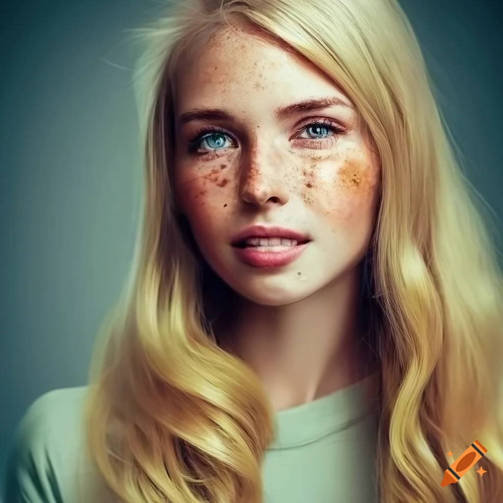 Portrait of a beautiful young woman with freckles and blonde hair on ...