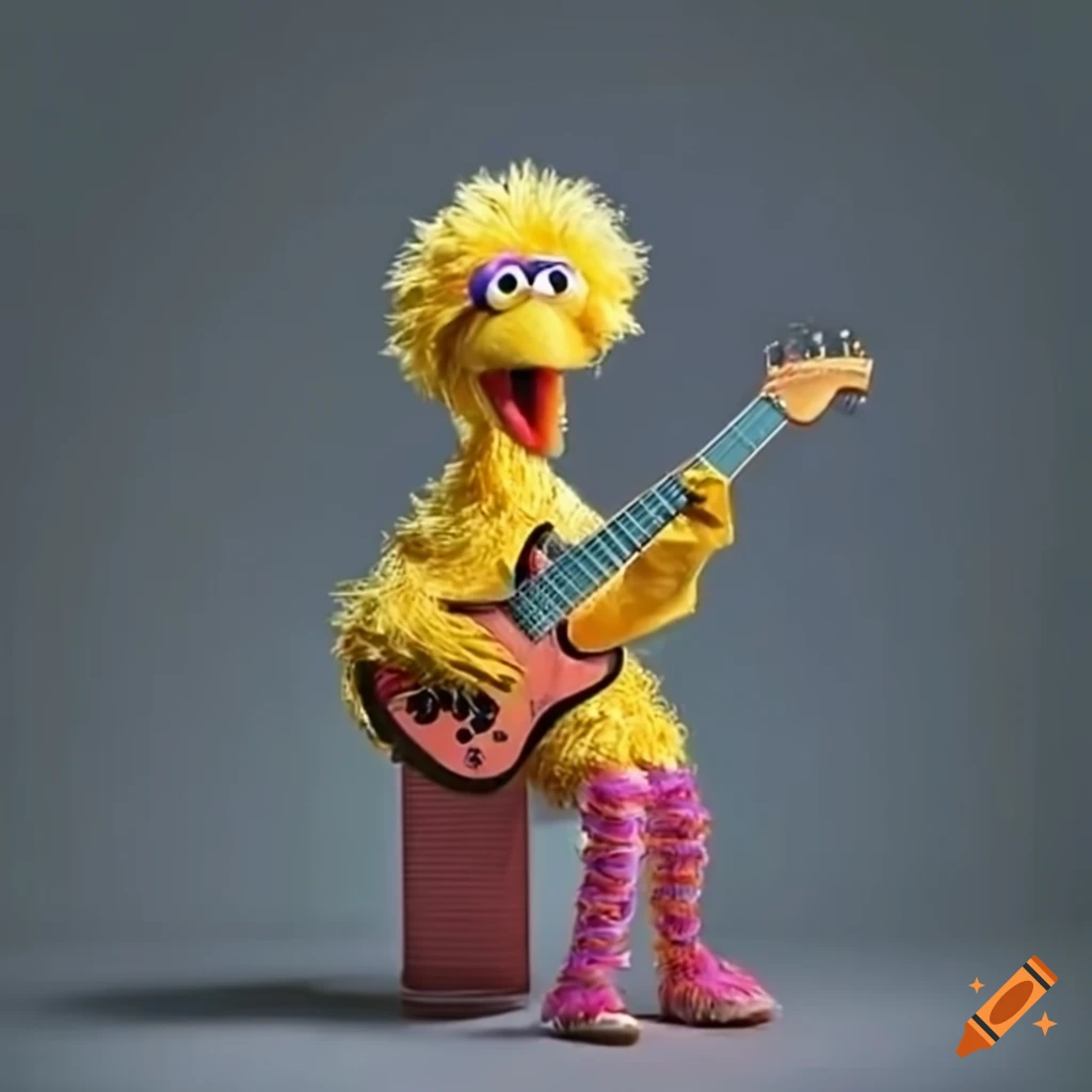 Big Bird playing bass guitar on an amp