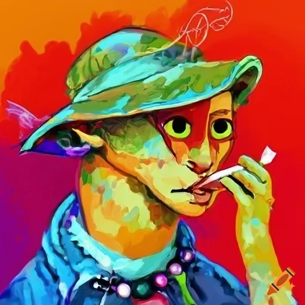 fauvism art of a cat wearing a fishing hat and smoking a cigarette