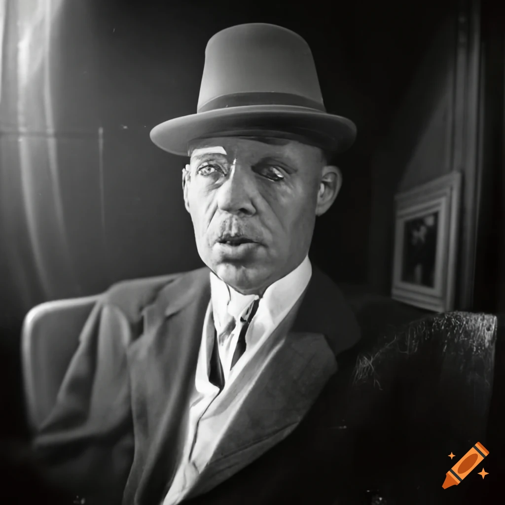 realistic black and white fisheye photo of a mafia man with red accents