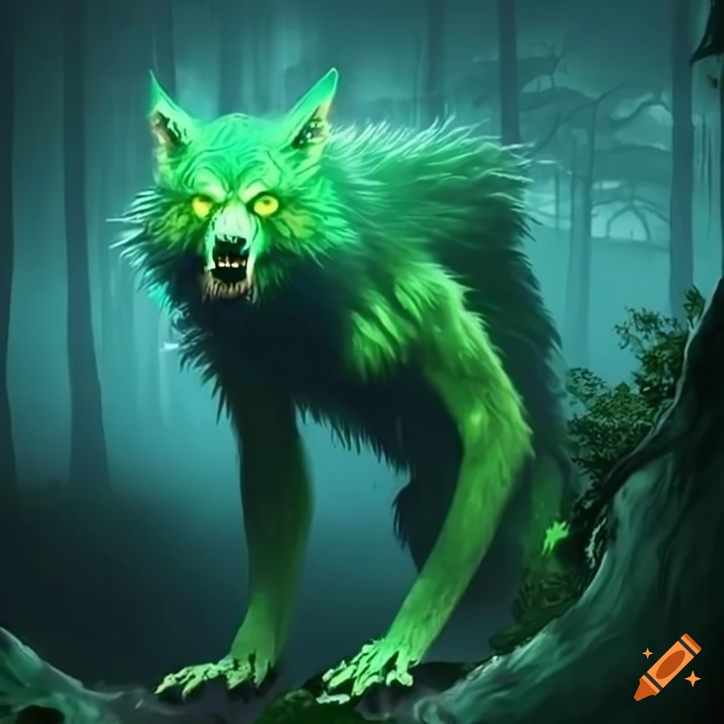 green werewolf in a dark forest cave