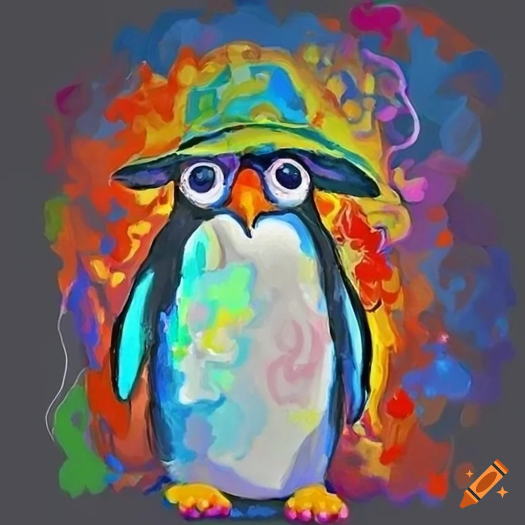 vibrant fauvism art of a penguin with a fishing hat and necklace