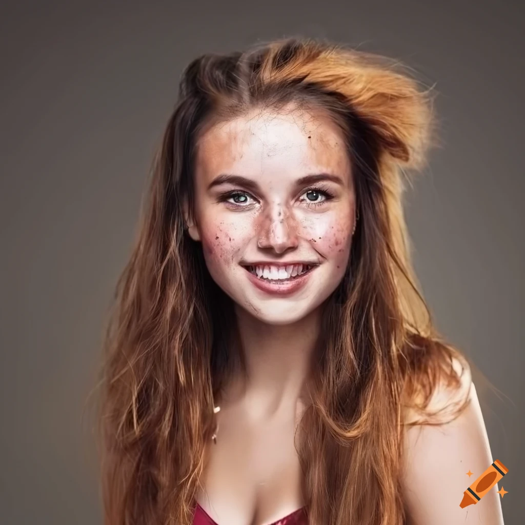 Portrait of a beautiful young woman with freckles and brown hair on Craiyon