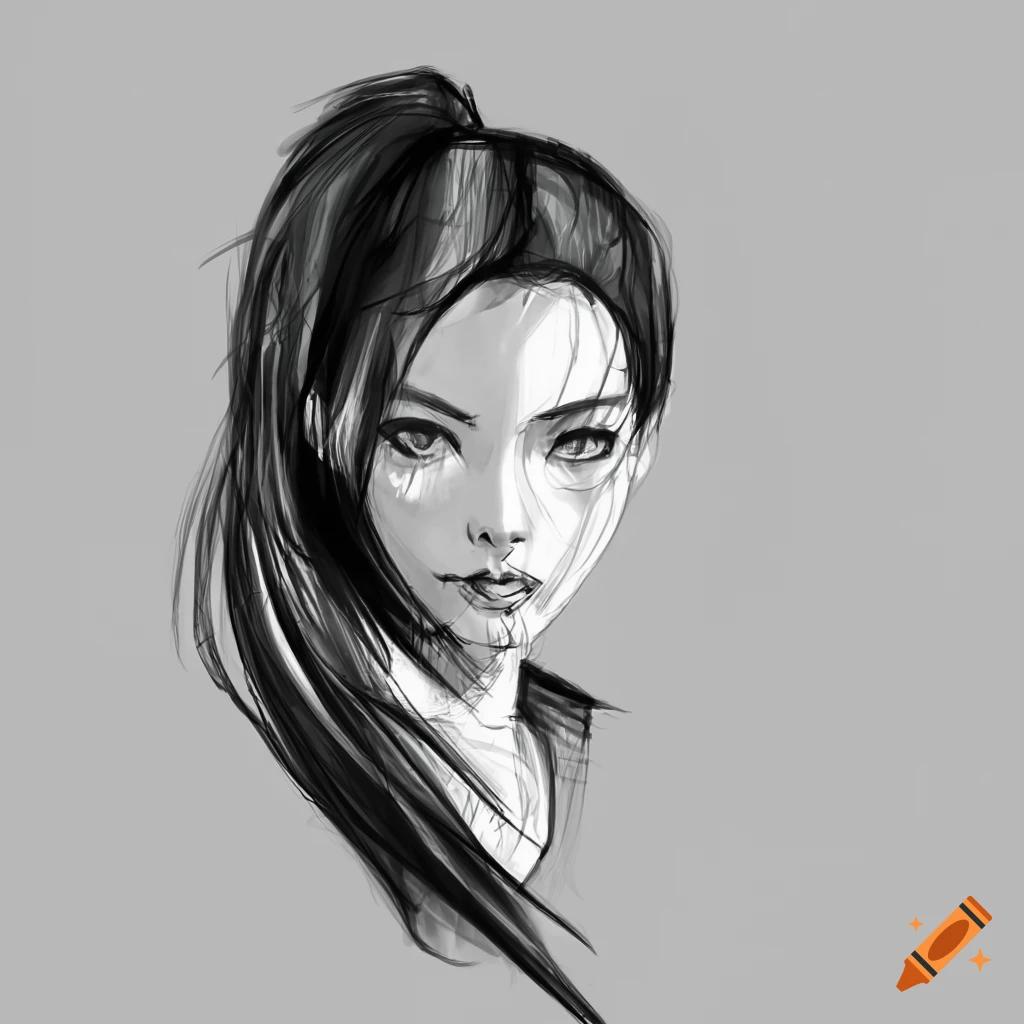 Black and white sketch of a japanese rpg character on Craiyon