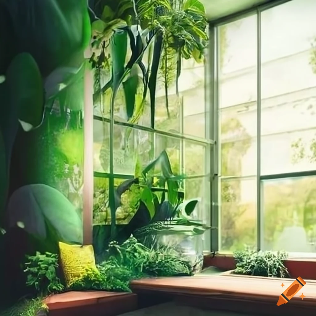 glass room filled with lush green plants