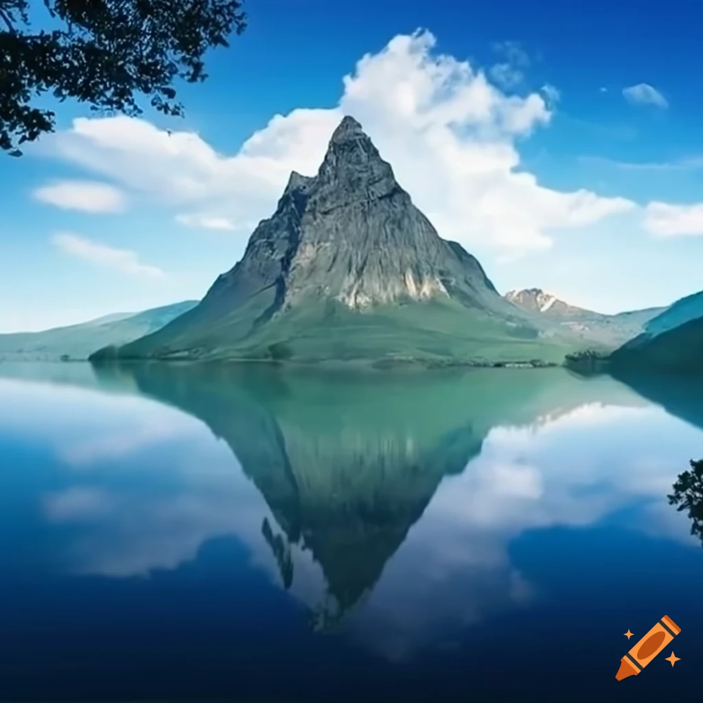 serene view of a lake, tree and mountain