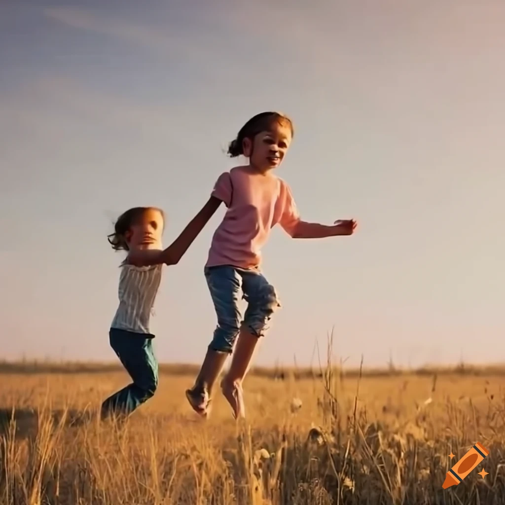 siblings running together in a field