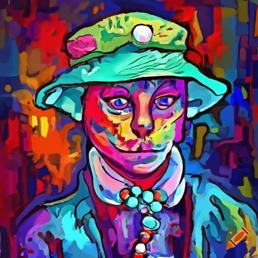 fauvism cat with fishing hat and colorful pearl collar