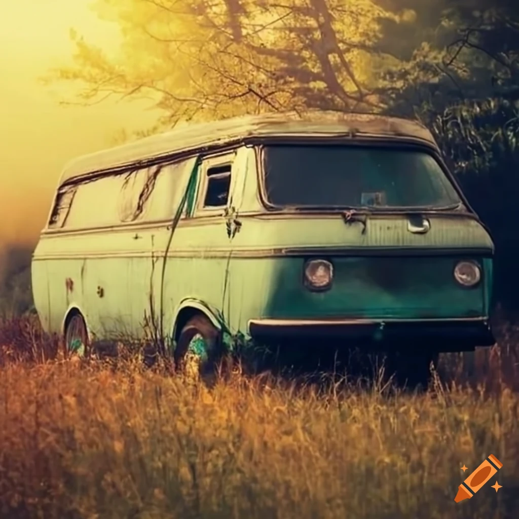 vintage camper van in a beautiful field