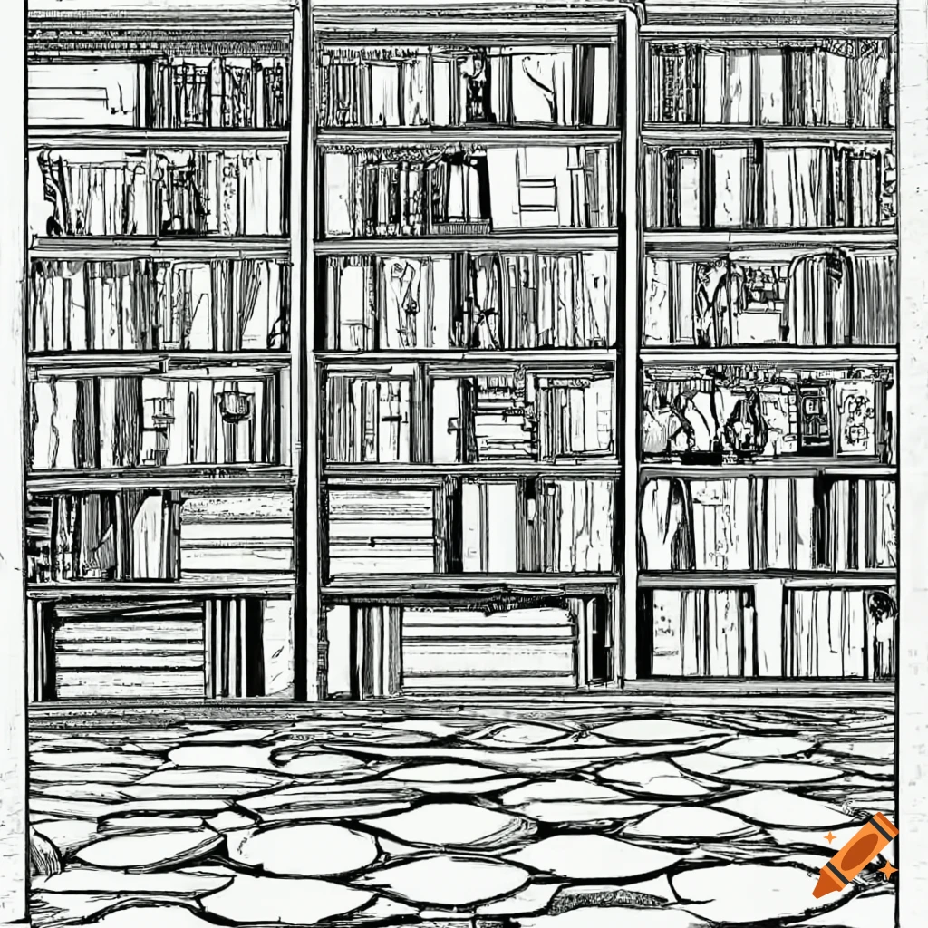 black and white line draft of a living room with hidden cats