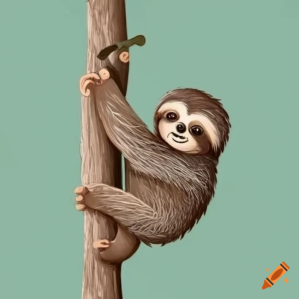 illustration of a sleepy baby sloth hanging from a branch