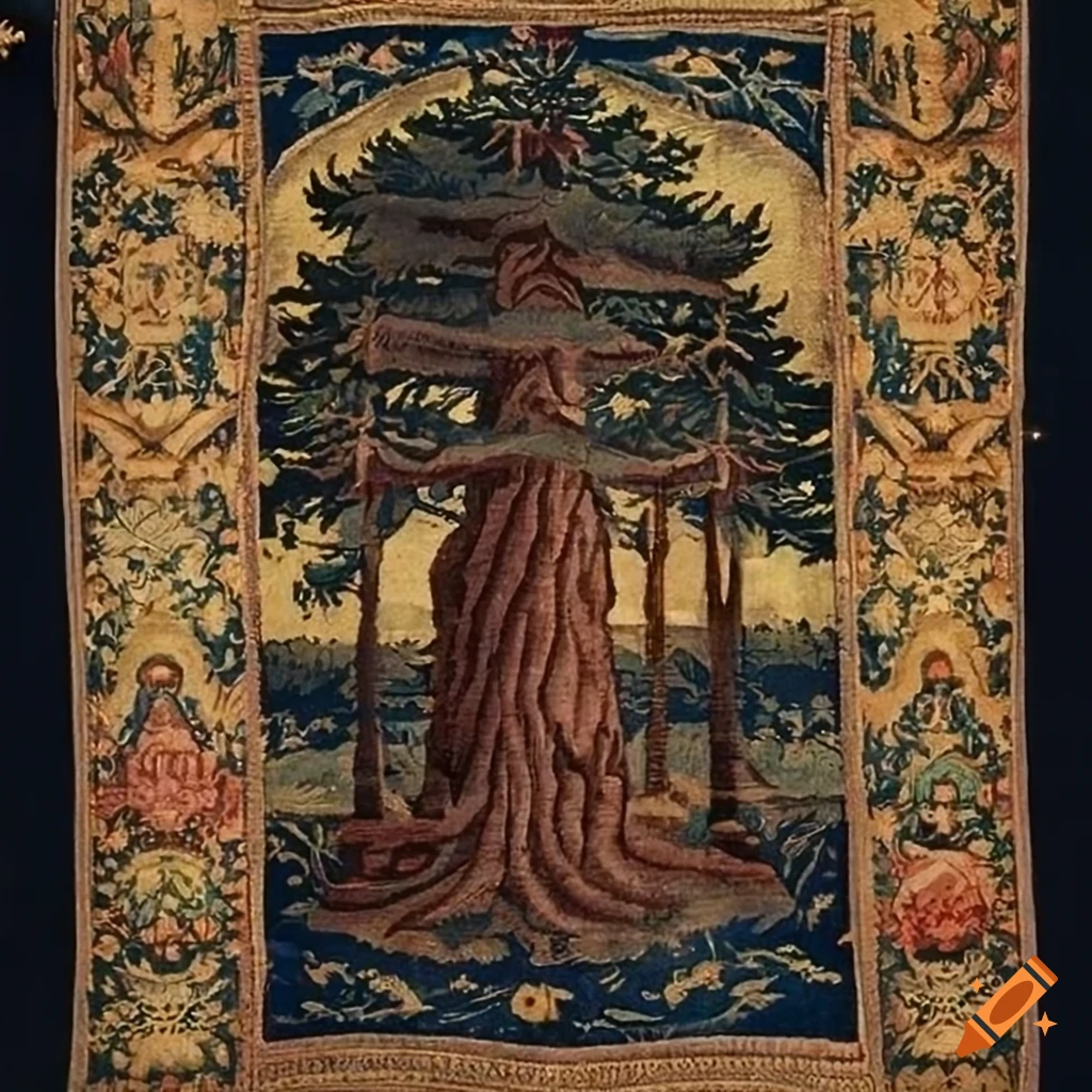 medieval tapestry of a pine tree at night