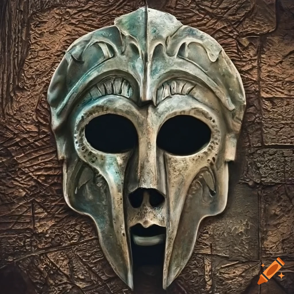 Biomechanical corinthian death mask on ancient spartan temple background