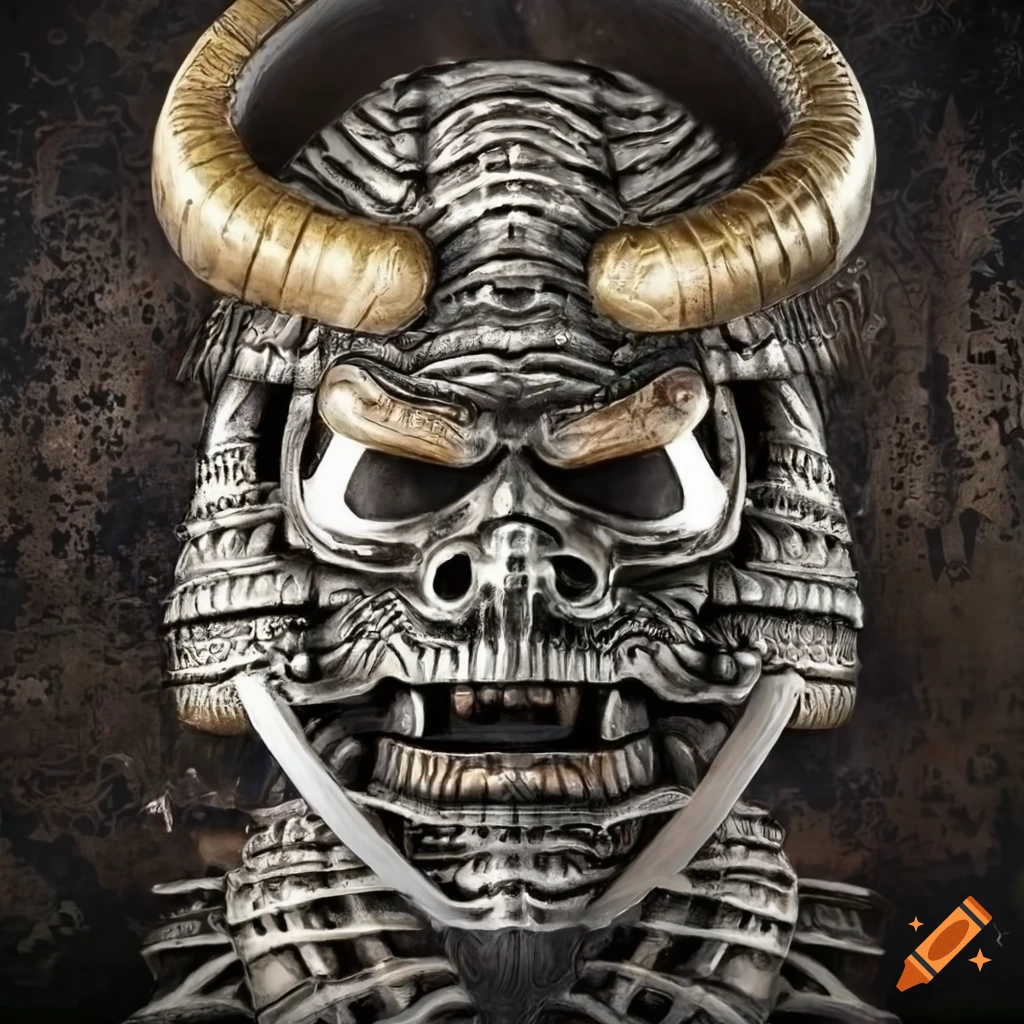 Biomechanical Japanese Shogun death mask artwork on Craiyon