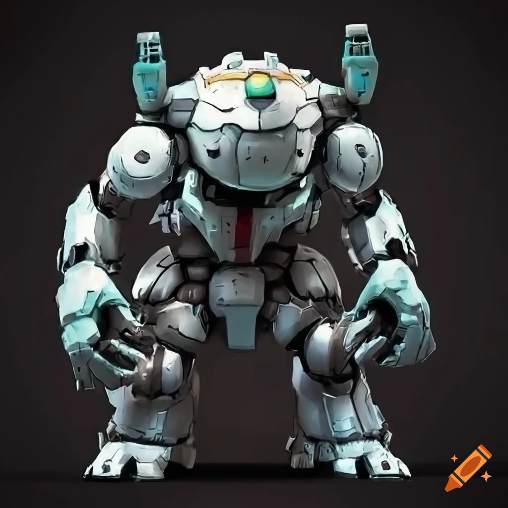 Gundam-style cyborg monster with armor and barrel-shaped limbs