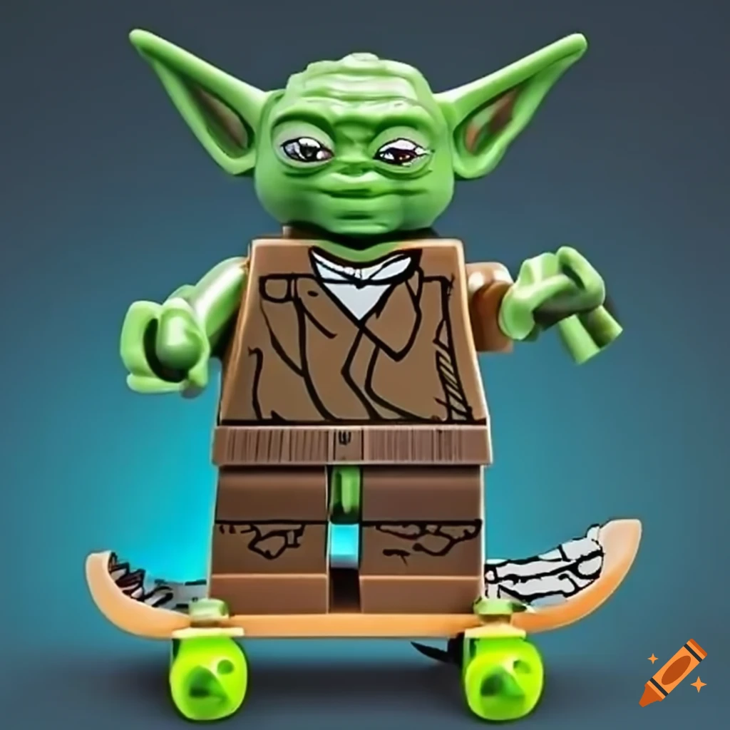 Lego Yoda riding a skateboard with a fisheye lens effect