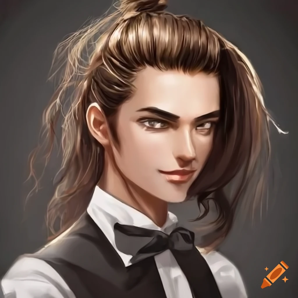 Smiling waiter with long hair tied in a ponytail on Craiyon