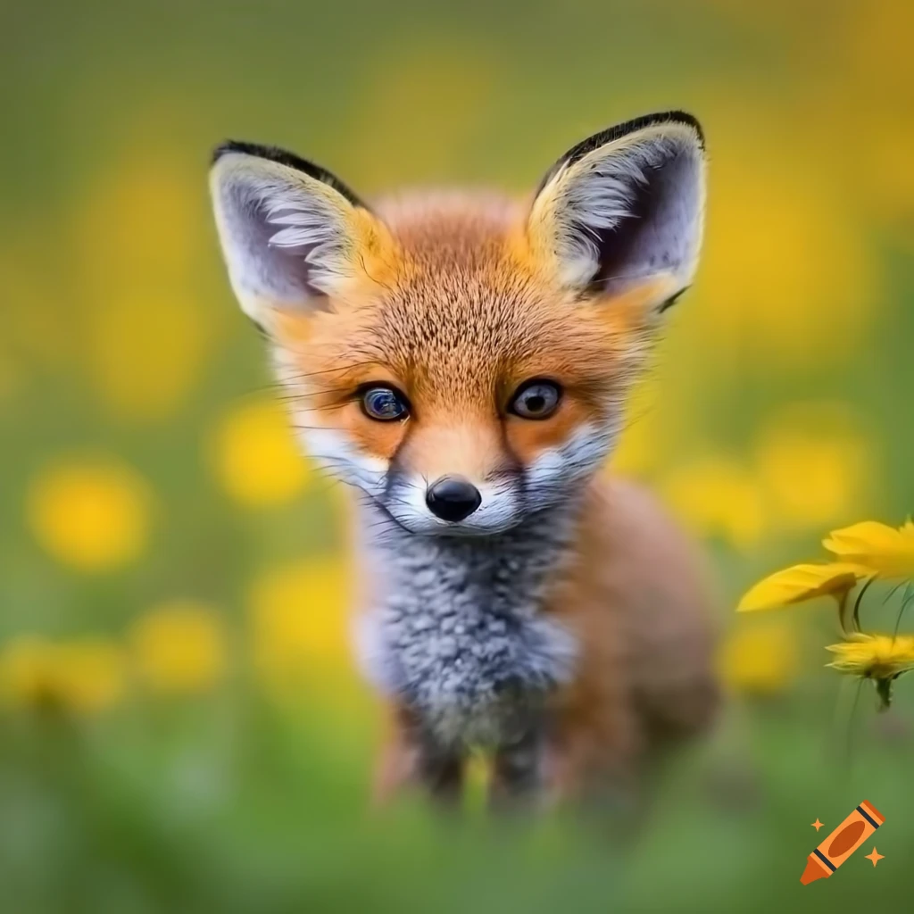 dramatic photograph of a cute baby fox in a flower field