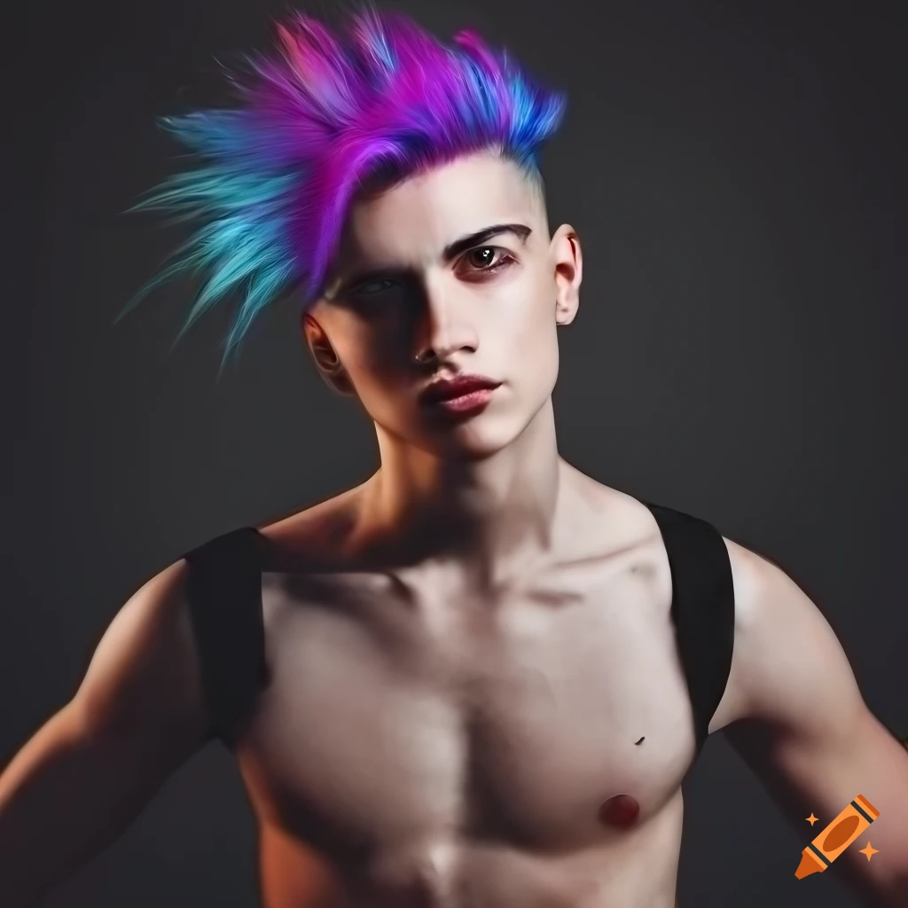 photo realistic portrait of a young man with colorful punk hairstyle