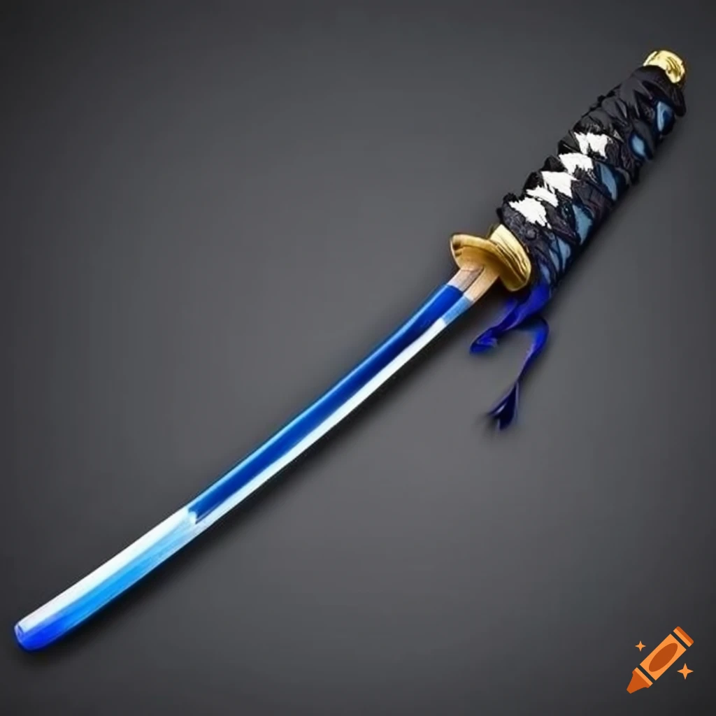 Black and blue carbon fiber katana with ribbons on Craiyon