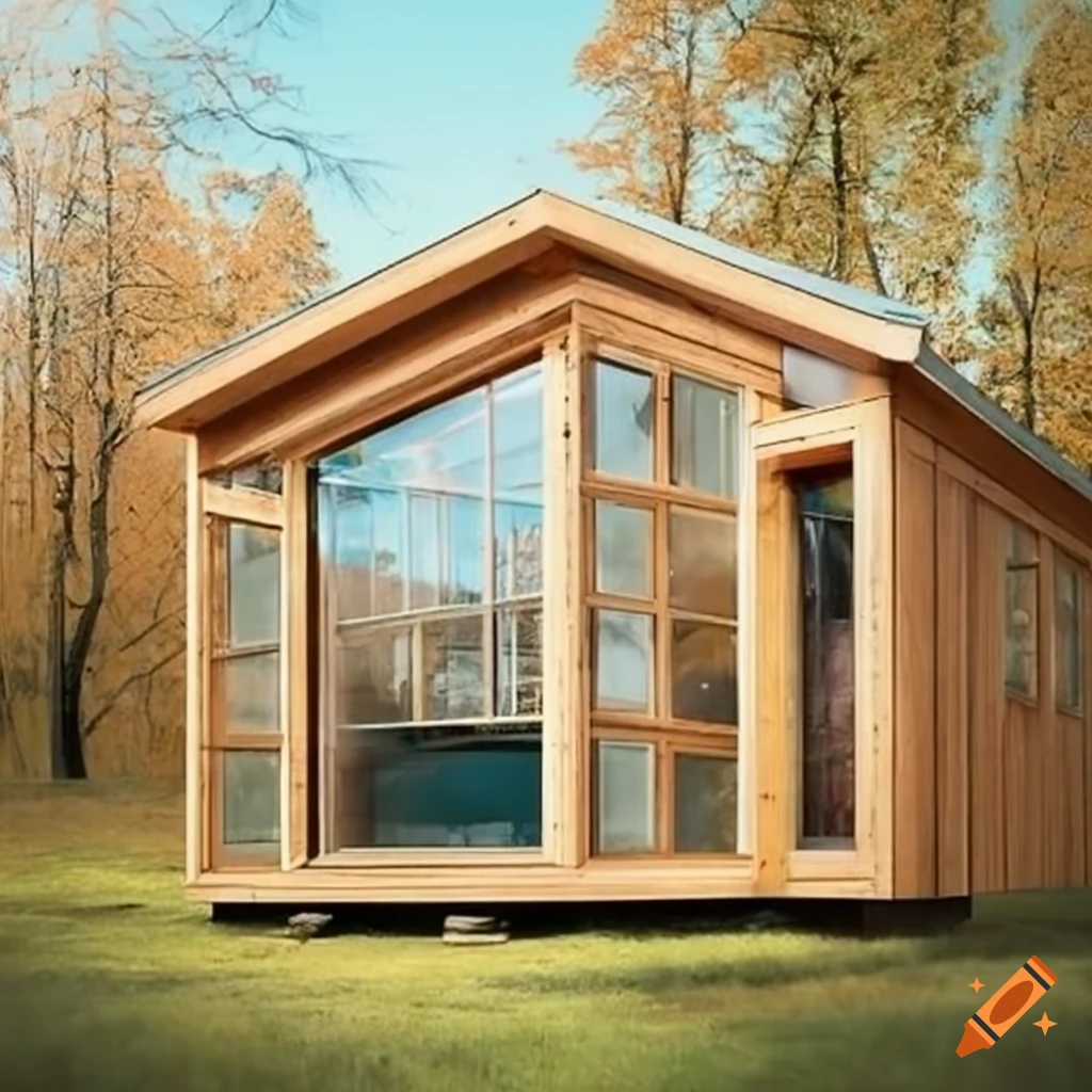 Wooden tiny house with bay windows on Craiyon