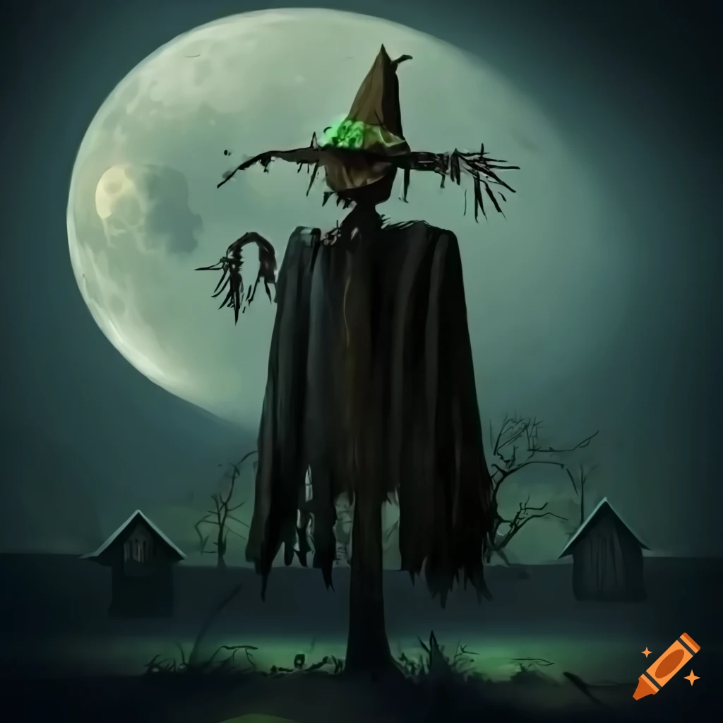 scary scarecrow with glowing face at night