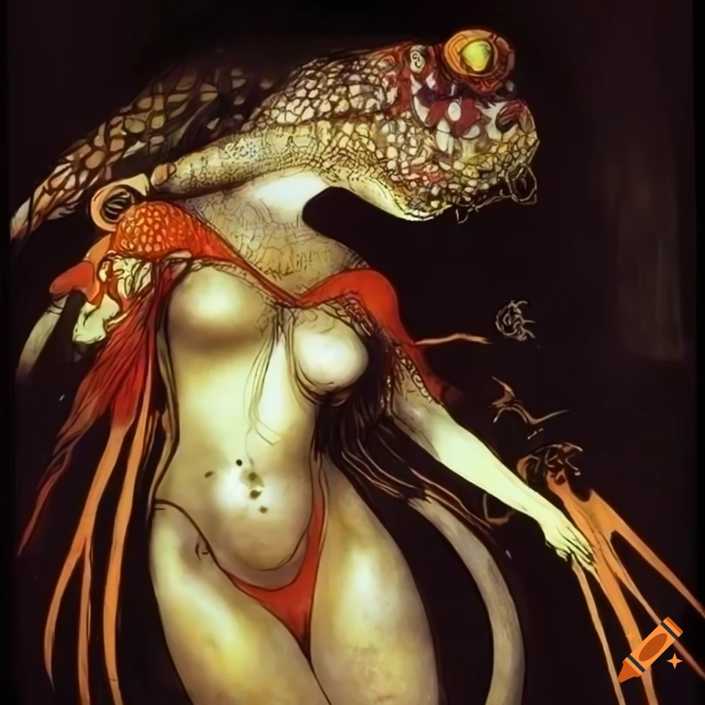 Yoshitaka Amano inspired artwork of a lizardwoman