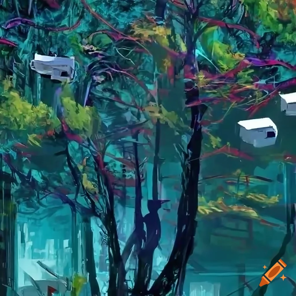 cyberpunk surveillance cameras on tree branches